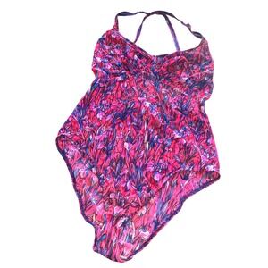 80s SOLAR Pink Blue Floral Mesh One Piece Swimsuit Halter Neck Barbie Neon XL